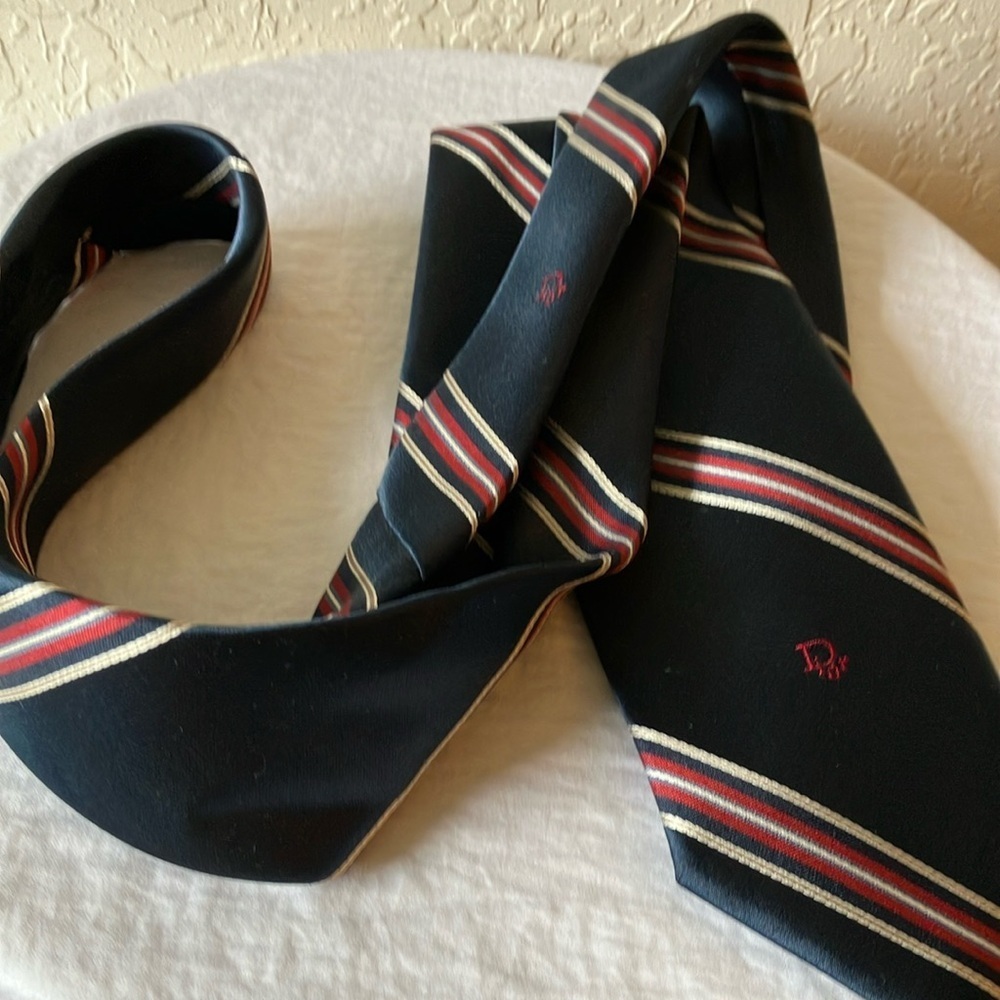 Christian Dior: Classic Navy Striped Tie- Made in USA - Picture 8 of 16